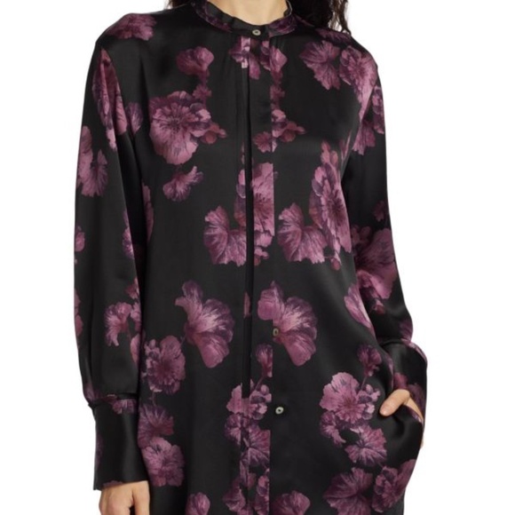 VINCE Begonia Floral 100% Silk Raw Edge Band Collar Blouse Top Wine & Blk SZ L - Picture 1 of 11